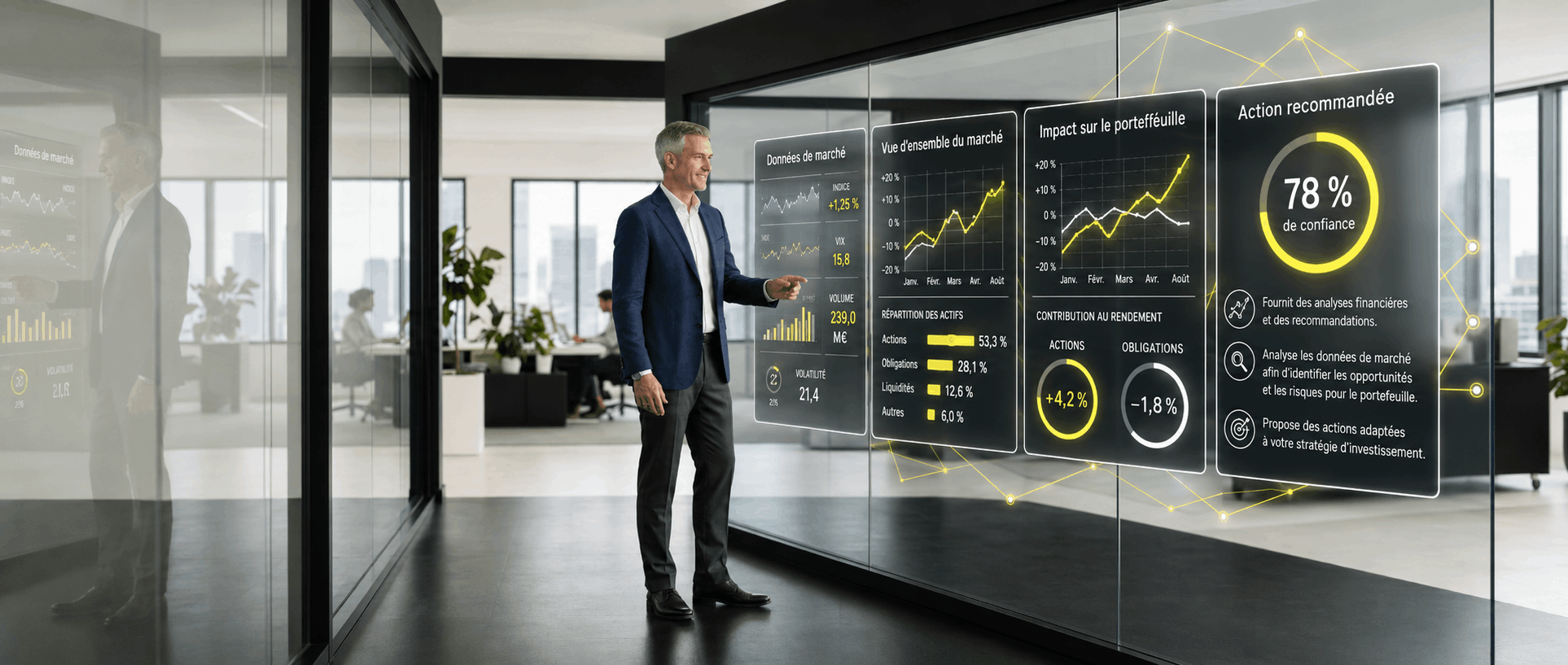 Investor reviewing Alpha Prime 24 analytics on a glass display