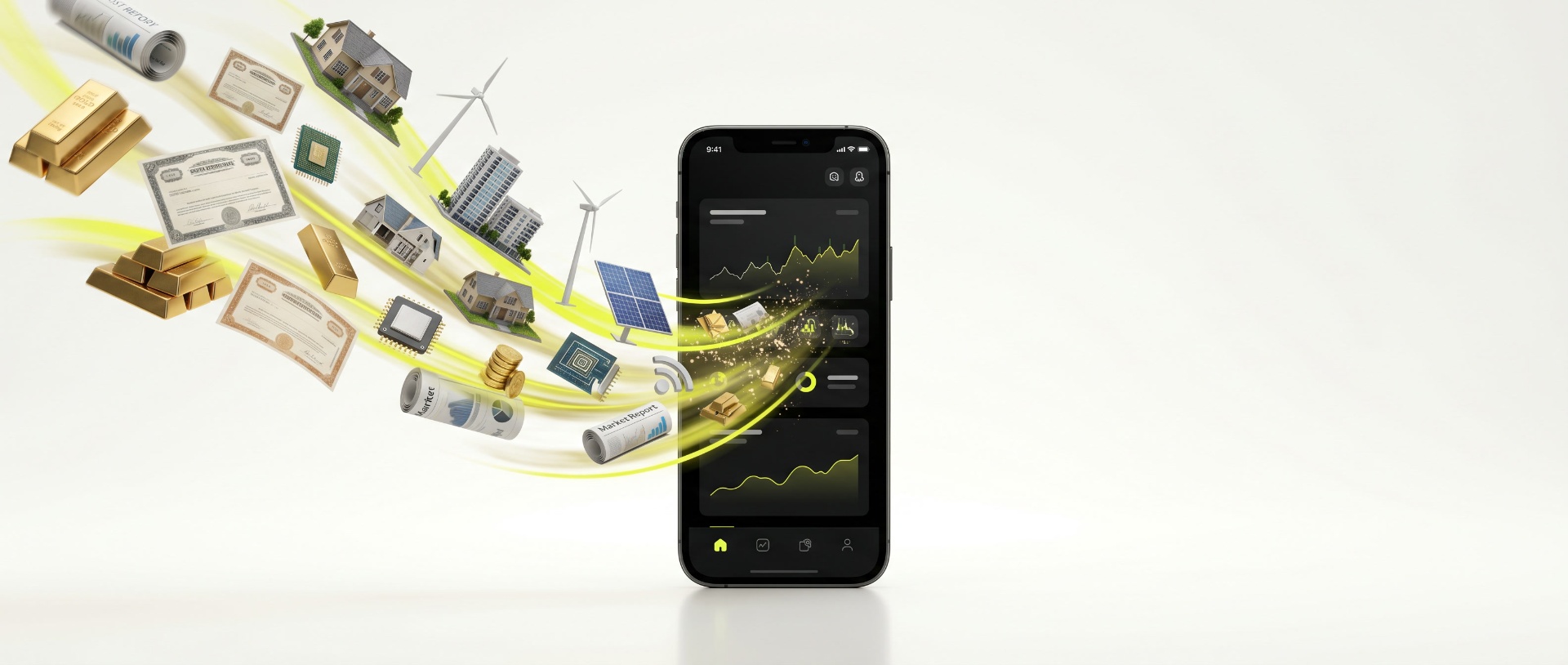 Alpha Prime 24 platform showcase with diverse assets flowing into the app